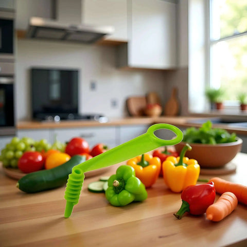 Green Spiral Slicer Portable Manual Kitchen Gadget For Cucumber Carrot And Potato Garnishes on countertop with vegetables