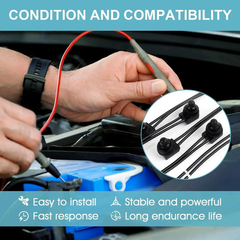 Hands installing Waterproof 12V Push Button Switch On Off SPST with 4.5 inch leads for motorcycle, showing condition and compatibility.