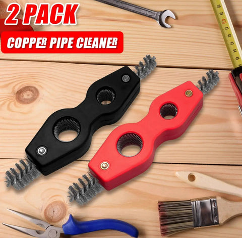 2 Pack 4 In 1 Copper Pipe Deburring Brush Set For One Half And Three Quarter Inch Inner And Outer Thread Cleaning Copper Cleaning Brush For Brazing Plumbing And Soldering With Heavy Duty Non Slip Black And Red Handles on wood surface