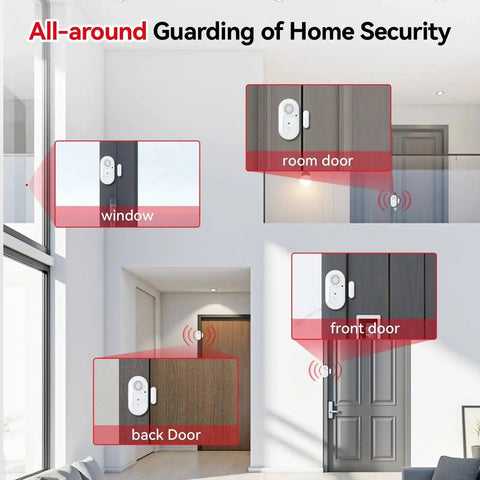 Diagram showing installation of Door Window Alarms 5 Pack 125dB With Volume Control Wireless Sensors on doors and window.