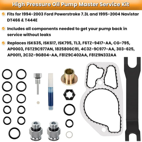 Beefed Up 38 Piece High Pressure Oil Pump HPOP Master Service Kit With Hoses And Lines Crossover Kit For Ford 7.3L Powerstroke Diesel Engines 1999 2000 2001 2002 2003 F Series E Series Excursion components displayed including seals, O-rings, fittings, and hardware for engine service.