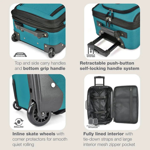 Teal Lightweight Softside Carry On Rolling Luggage With 2 Wheel System and Deluxe Self-Locking Handle