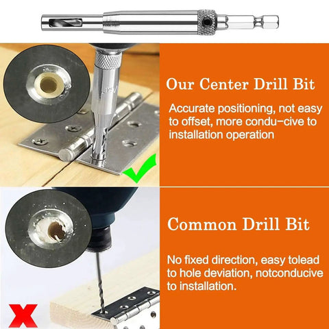 Comparison of a 4 Piece Self Centering Hinge Tapper Drill Bit Set For Woodworking Doors And Windows and a common drill bit, showing precision.