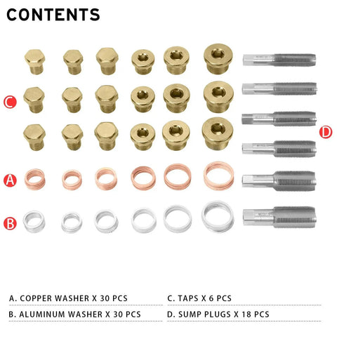 Oil Pan Drain Plug Thread Repair Kit With M13 M15 M17 M20 M22 Taps, Copper And Aluminum Washers And Sump Plugs, 84 Piece Set Contents