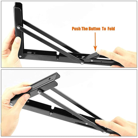 Heavy Duty 14 Inch Folding Shelf Brackets With 440 Lb Max Load For Wall Mounted Collapsible Shelves And Work Benches Locking Metal Brackets In Cold Rolled Steel With Brushed Finish Great For Garage Shop Or Kitchen Storage 4 Pack ZoenHou, bracket shown being folded with button