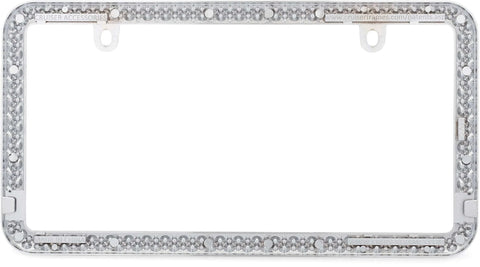 Elegance Chrome License Plate Frame With Diamond Bling And Fastener Caps, 144 Simulated Diamonds, 6mm, Rattle Free Clips, Durable Zinc Die Cast