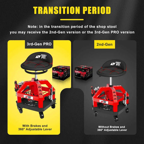 Comparison of 2nd-Gen and 3rd-Gen PRO Beefy Heavy Duty Rolling Shop Stool For Garage With Casters Adjustable Height 360 Degree Swivel Seat Tool Tray Storage 330 Lbs Capacity Padded Mechanic Stool Magnetic Tool Hold Red