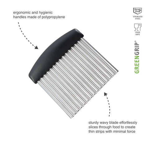 Triangle Crinkle Cutter With Ultra Sharp Stainless Steel Creates Julienne Strips Waffle Cuts And Fancy Wavy Edges GreenGrip Handle shown.