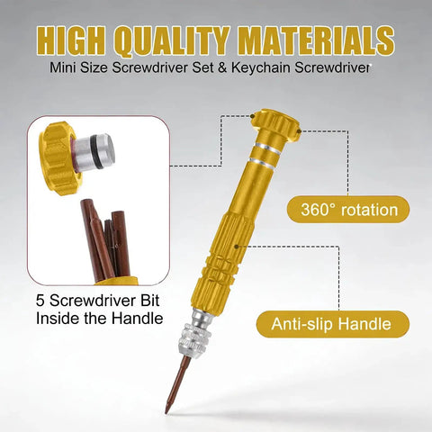 Close-up of golden 5 In 1 Multifunctional Mini Precision Screwdriver Pen with magnetic bits displayed apart, showing anti-slip handle.