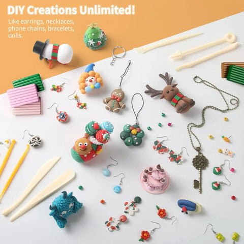 85 Color Polymer Clay Kit For Kids And Adults With 19 Sculpting Tools And 16 Accessories Oven Bake Modeling Clay Starter Set For Diy Creations And Gifts, showcasing creations like keychains and figurines.