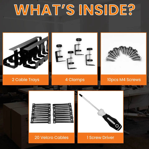 Contents of Two Pack 15.75 Inch Under Desk Cable Management Tray Set, including trays, clamps, screws, Velcro cables, and screwdriver.