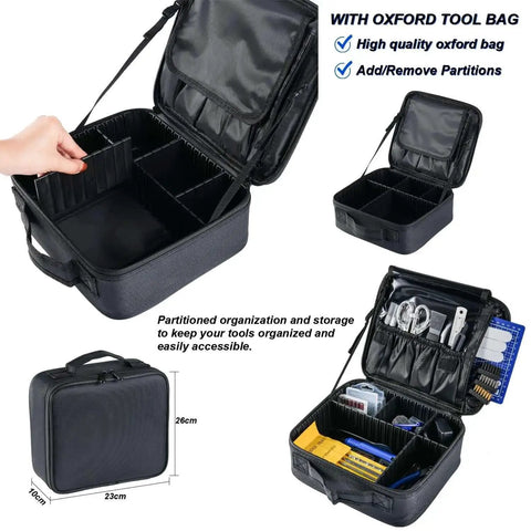 All In One 124 Piece 3D Printer Tool Kit With Carry Case showing organized storage compartments and tools setup.