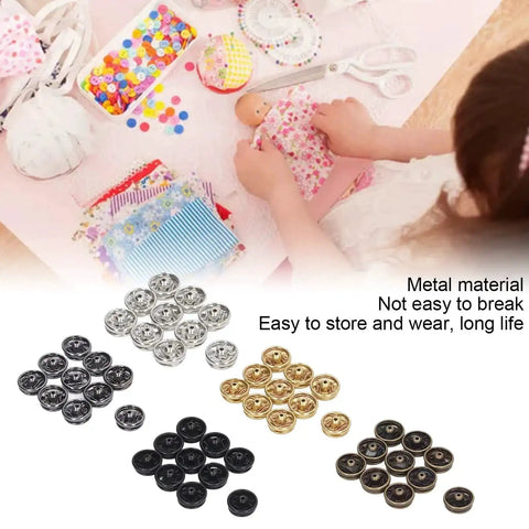 Image showing 100 Pack 5mm Mini Metal Snap Buttons Sew On Fasteners in 5 Colors for Clothing, Accessories, Dolls, and Craft Projects.