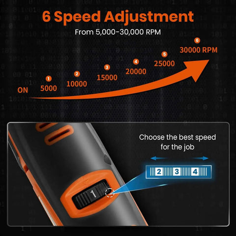 Illustration of Beast 12V Cordless Rotary Tool Kit With 6 Speeds Up To 30000 RPM showing speed adjustment dial and settings.