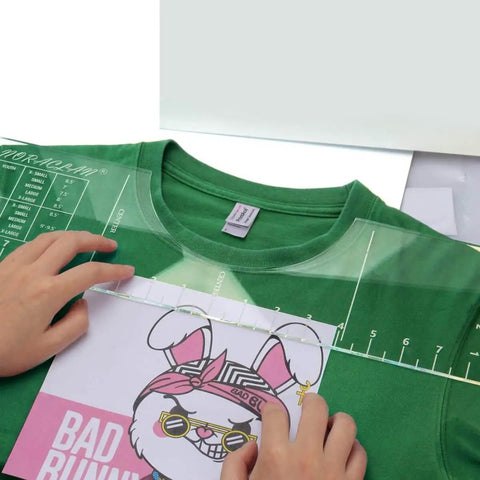 Pro T Shirt Ruler Guide For Easy Accurate Alignment Of Vinyl And Sublimation Designs On Shirts With Built In Size Chart For Hassle Free HTV Pressing And Perfect Placement Every Time on green T-shirt.