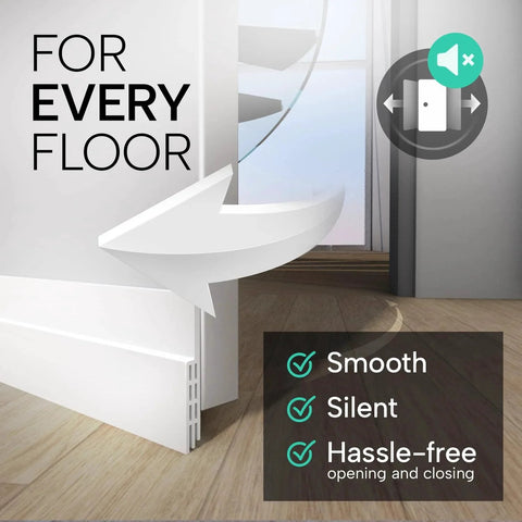 Close-up of a white door draft stopper with silicone seal and strong adhesive for bottom of doors, no more drafts, indoors.