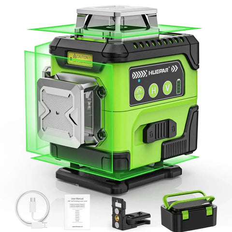 360 Degree Laser Level With LCD Screen Self Leveling For DIY Pros And Picture Hanging 4D Laser Leveler Tool With High Brightness And Rechargeable Battery Magnetic Bracket And Hard Carry Case Y04CG By Huepar, showing green beams, with accessories including magnetic bracket and carry case.