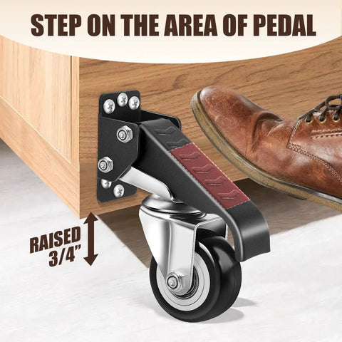 Heavy Duty Workbench Casters Kit 900 Lbs Quick Release caster wheel with step pedal and mounting option, shown on wood surface