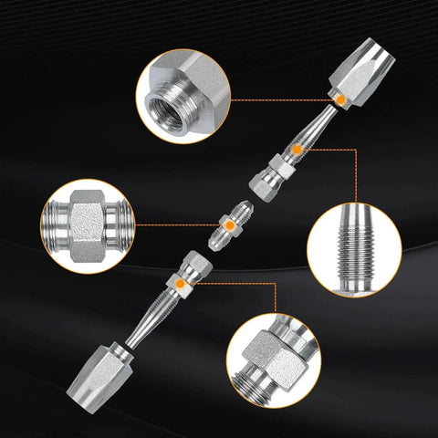Three Pack Reusable Hydraulic Hose Field Repair Kit For On Site Emergency Fix Of One Quarter Inch, Three Eighths Inch And One Half Inch Inner Diameters, Four Thousand PSI Rating, Compatible With R2 R16 R17 R19 Two Wire Hydraulic Hoses, Keeps Machinery. Image shows kit components.