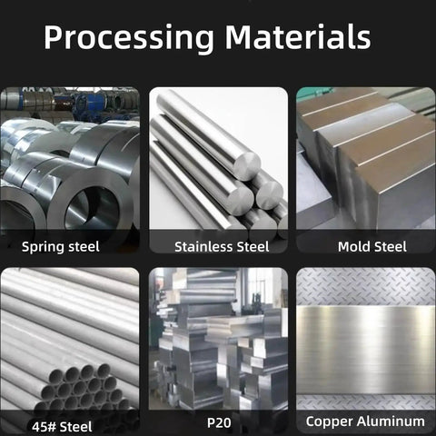 Image showing various steel and metal types including spring steel, stainless, mold steel, 45# steel, P20, and copper aluminum.