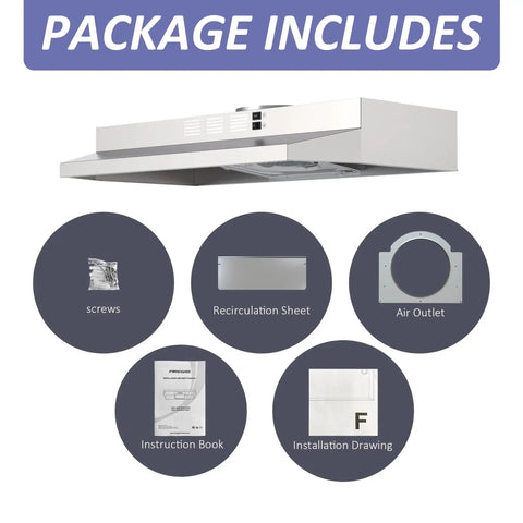 Package contents for 30 Inch Under Cabinet Range Hood Stainless Convertible Ducted Ductless 300 CFM showing accessories.