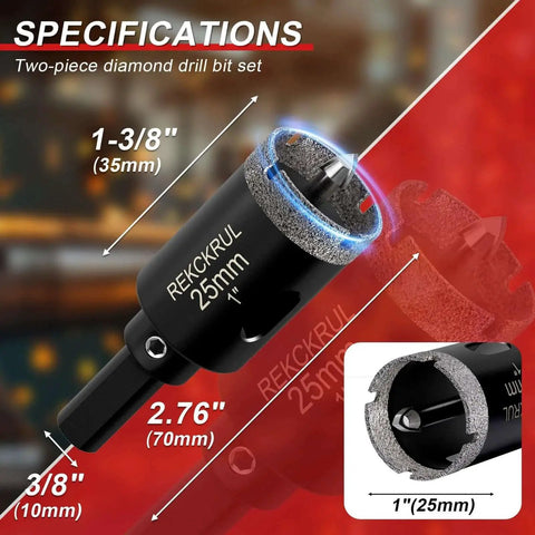 Image of 1 Inch Diamond Hole Saw With Pilot Drill Bit By REKCKRUL, highlighting features like cutting depth and diamond coated edge.