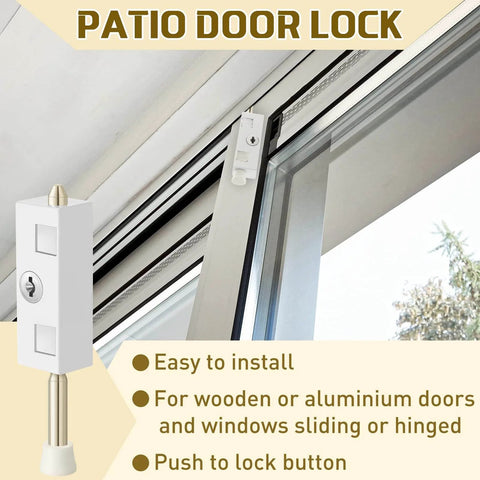 Image showing a two piece sliding patio door lock set with keyed lock rectangle security bar for glass doors, installed view.