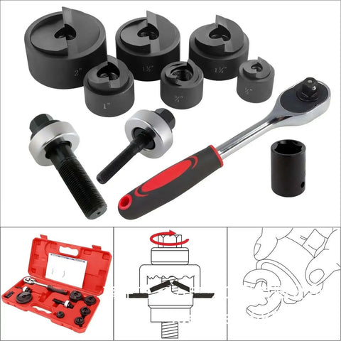 Pro Grade Beefy Ratchet Knockout Hole Punch Kit For Metal And Plastic Heavy Duty Manual Punch Tool with 6 size punches and case