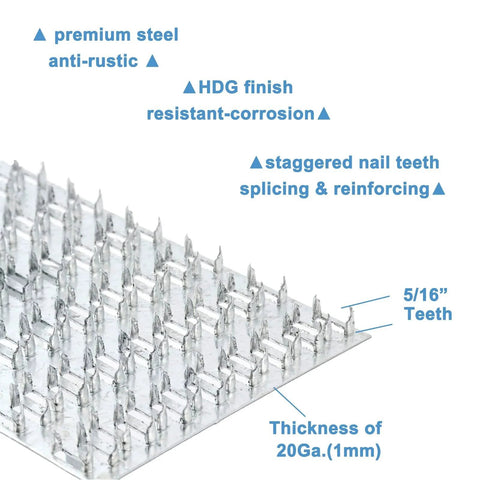 Close-up of Ten Pack Truss Plates 4x6 Inch Pronged Mending Plates with nail teeth, HDG finish, anti rust, corrosion resistant steel.