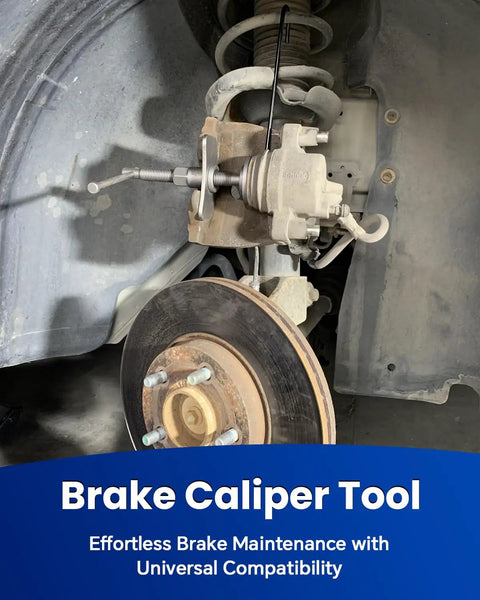 Installed Beefy All In One Heavy Duty 24 Piece Brake Caliper Compression Tool Set with disc adapters and thrust bolts on car brake