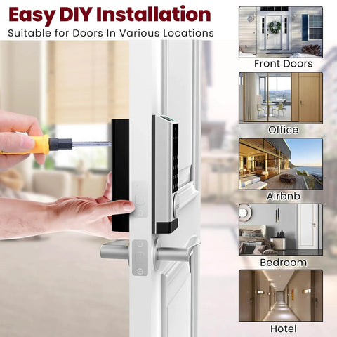 Video Smart Lock With Camera And Doorbell, 6-In-1 Keyless Entry System With Fingerprint, being installed on a white door.