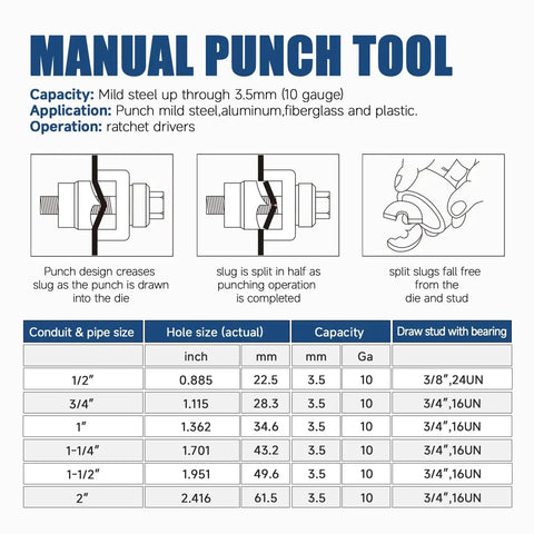 Heavy Duty Manual Ratchet Knockout Hole Punch Kit Built To Last With Six Dies From One Half Inch To Two Inches Draw Studs With Bearings Grease Portable Electrical Conduit Hole Cutter Tool Set In Blue diagram and chart