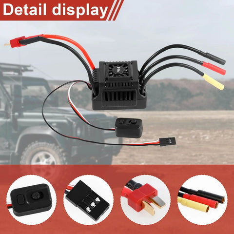 60A Waterproof Dustproof Brushless ESC With Sensorless Tech For One Tenth RC Cars And Trucks Outdoors T Plug Compatible External Programming Port For Easy Tuning Multi Protection Shield Built Tough For Wet Dusty Trails And All Weather Fun displayed with connectors and cables in front of an RC vehicle backdrop.