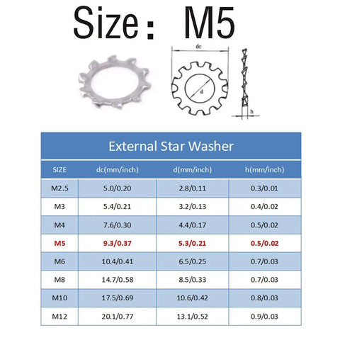 Diagram of 100 Count 304 Stainless Steel External Tooth Star Lock Washers Kit With Circlips Snap Rings For M5 Machinery.
