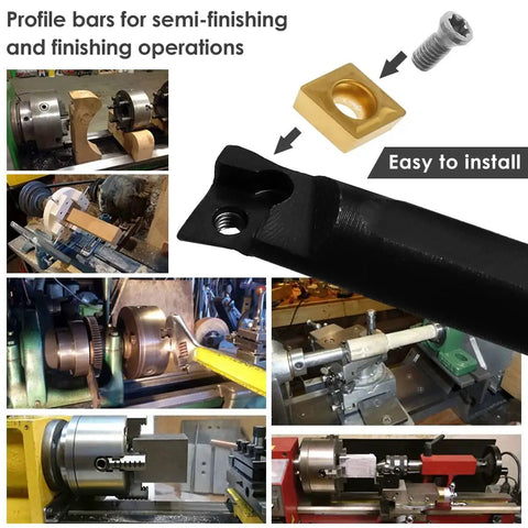 Pro Grade 14 Piece Mini Metal Lathe Tool Set With S06K S07K S08K S10K SCLCR06 Boring Bars in various machining setups.