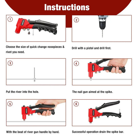 Instruction steps for Pro Grade Hand Riveter Kit With Four Interchangeable Heads For 3 32nd Inch, 1 8th Inch, 5 32nd Inch, And 3 16th Inch Rivets