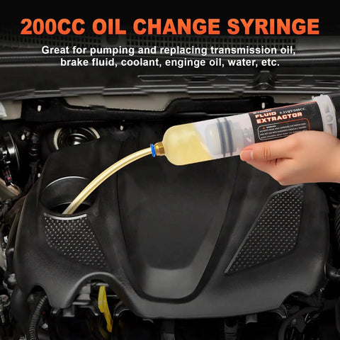 Person using automotive fluid extractor pump with 32 inch hose and 9 inch tubes for oil change on car engine