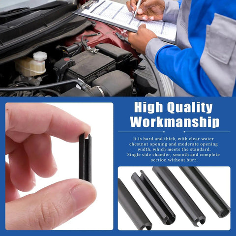 Close-up of 416 Piece Roll Pin Assortment Set M1.5 To M6, Black Finish, 65Mn Steel Durable Pins, used in auto repairs