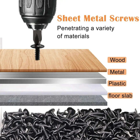 Self Tapping Metal Screws Kit Size Eight In 410 Stainless Steel Black Oxide Truss Head shown penetrating wood, metal, plastic, floor slab