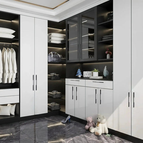 Modern closet with 10 Inch Hole Center Matte Black Cabinet Pulls Set of 5 Modern Bar Handles on white doors