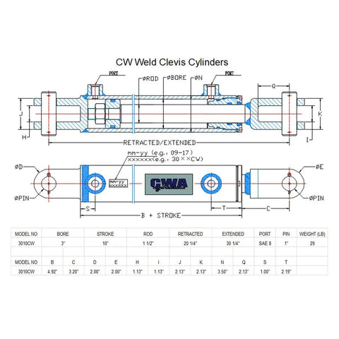 Technical diagram of Clevis Weld Hydraulic Cylinder 3 Inch Bore 10 Inch Stroke SAE 8 Port 3000 PSI, showing dimensions and specs.