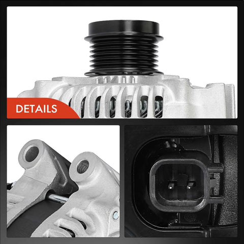 Close-up of Rugged Alternator For Jeep Cherokee KL Series 2014-2022 3.2L V6 12V 180A With 6 Groove Decoupler Pulley Replacement Part P56029740AA TN4210007150 Lifetime Warranty, showing details of pulley and connector.