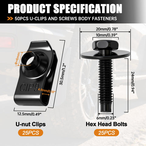 All In One M6 1.0 Fender Liner Screw And U Nut Clips Kit With 50 Pieces for Fender Engine Cover Splash Shield and Body Fasteners