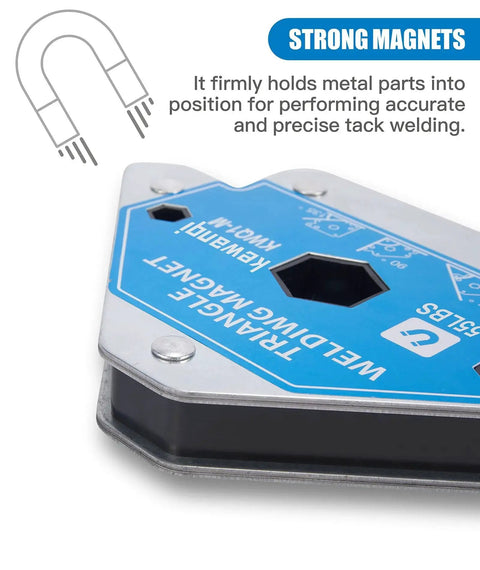 Close-up of 110 Lbs Welding Magnets Clamp Set 4 Piece Magnetic Welding Holders with blue label, metal edges, and strong magnet features.
