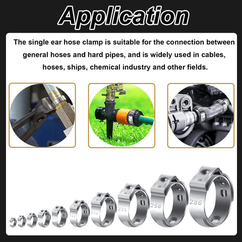 Hose clamp kit, Seept 75-piece in 8 sizes, 304 stainless steel single-ear clamps 6–23.5mm range, shown laid out