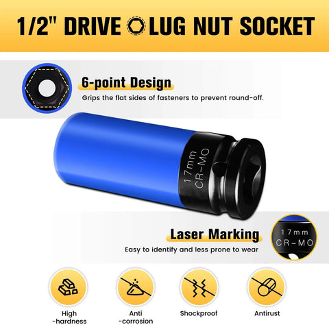 17mm Half Inch Drive Wheel Protector Impact Socket Set Non Marring Lug Nut Thin Wall Deep Sockets with 6-point Design