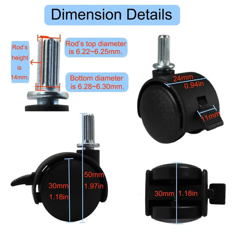 Four Pack Small Swivel Caster Wheels 1 Inch Locking Casters With Clip On Straight Stripe Stem 6.25mm dimensions and features.