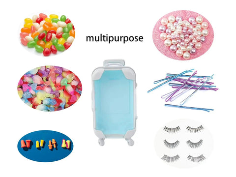 Assorted Mini Suitcase Favor Boxes With Wheels For Gifts And Travel Themed Favors, showcasing multipurpose uses like eyelash packaging and candy storage.