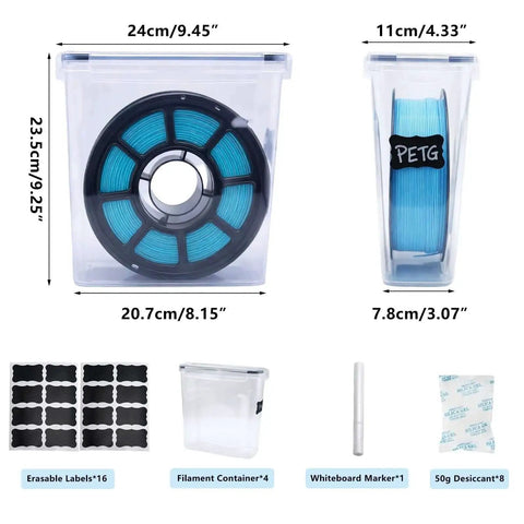 Four Pack Filament Storage Boxes For 3D Printing With Built In Desiccant Label Kit shown with filament, labels, marker, and desiccant.