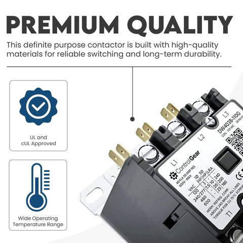 Three Pole Definite Purpose Contactor With 120V Coil, 40 Amp Beefy HVAC Control Relay For A2L Refrigerants, UL Recognized, Model DW403B11